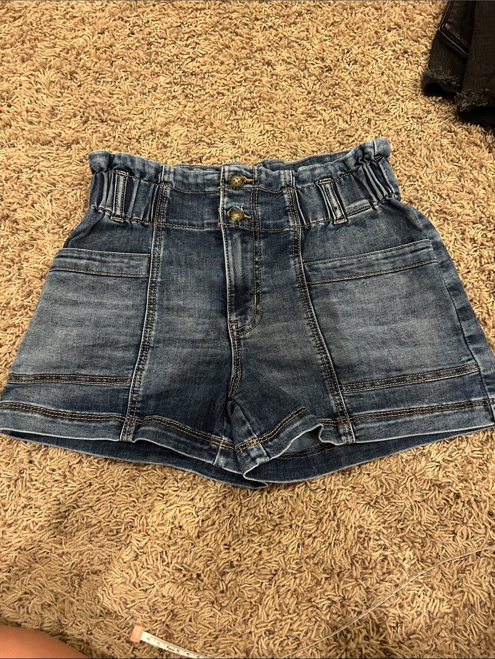 High-Waist Blue Denim Paperbag Shorts